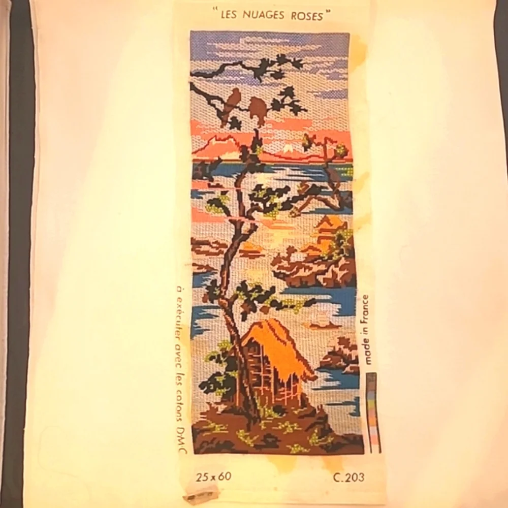 2 French Tapestries Needlepoint Vintage Handmade on Cotton Asian Style Design